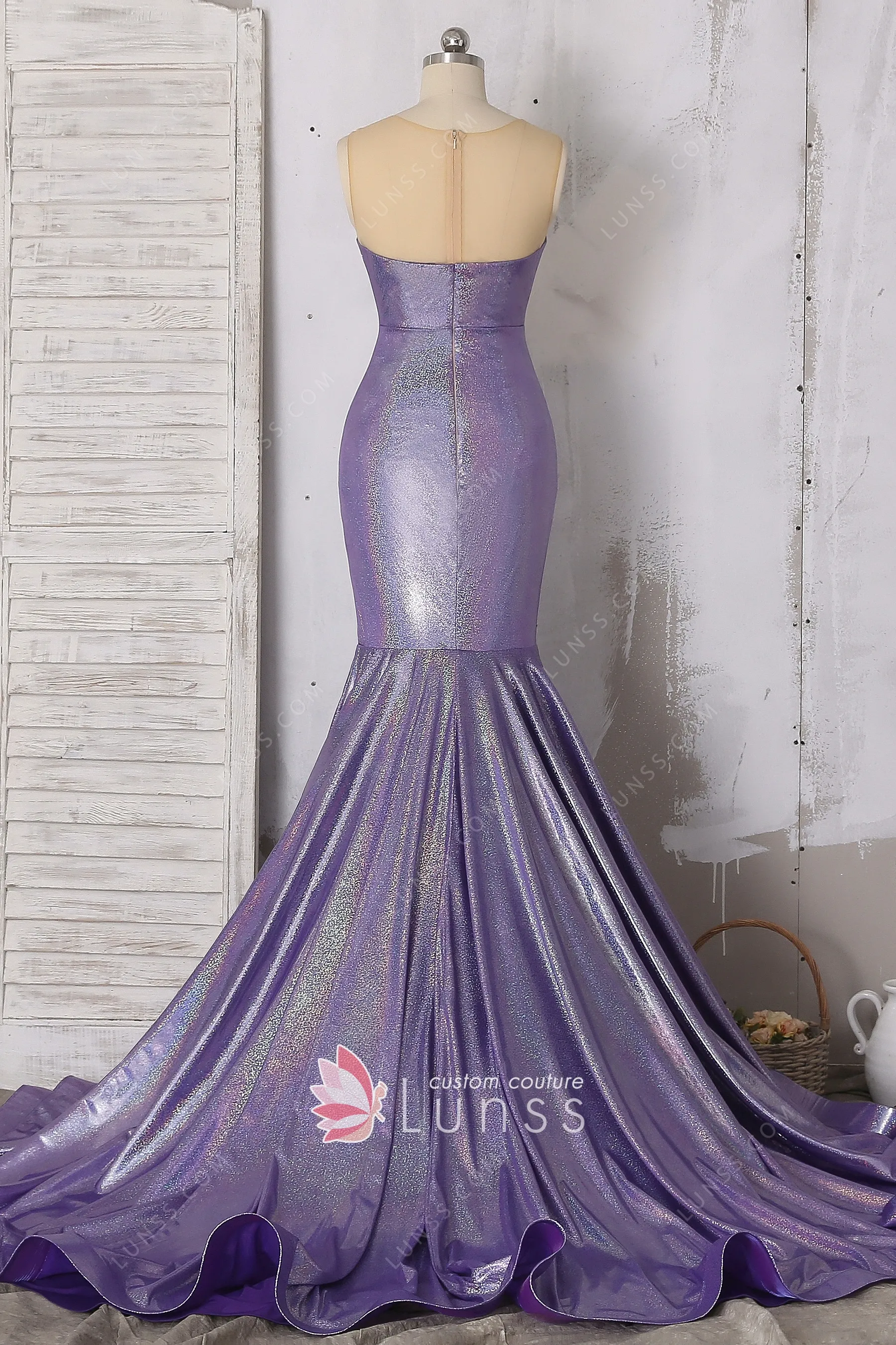 White Lace Violet Purple Spandex Trumpet Prom Dress - Promfy