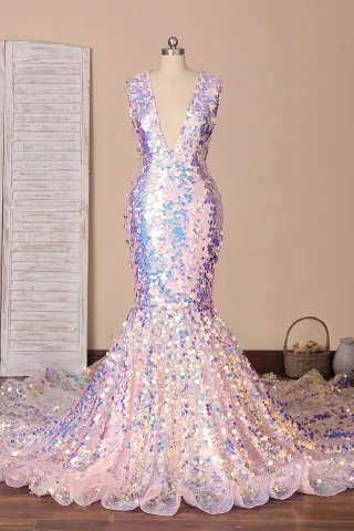 iridescent square sequin long train prom dress