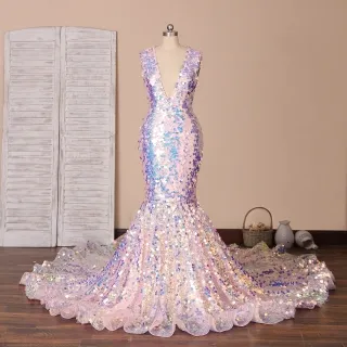 iridescent square sequin plunging v neck long prom dress