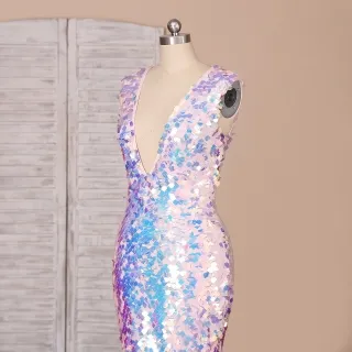 plunging V neckline iridescent square sequin dress