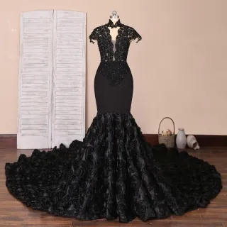 black beaded lace cap sleeve 3d rosette unique prom dress