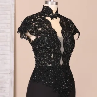 black beaded lace lace sleeve high neck dress