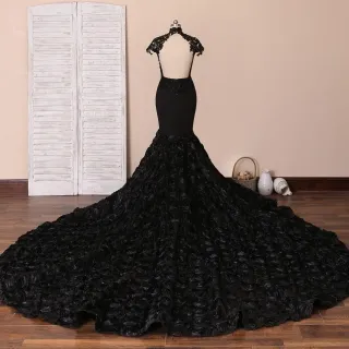 black cap sleeve open back 3d rose long train prom dress