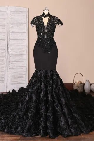 black lace 3d rosette unique African American prom dress