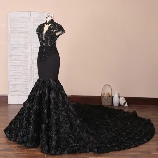 black lace 3d rosette unique prom dress