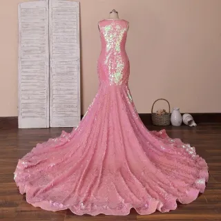 pink sequin long train prom dress