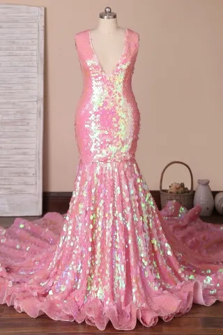 pink sequin plunging neck prom dress