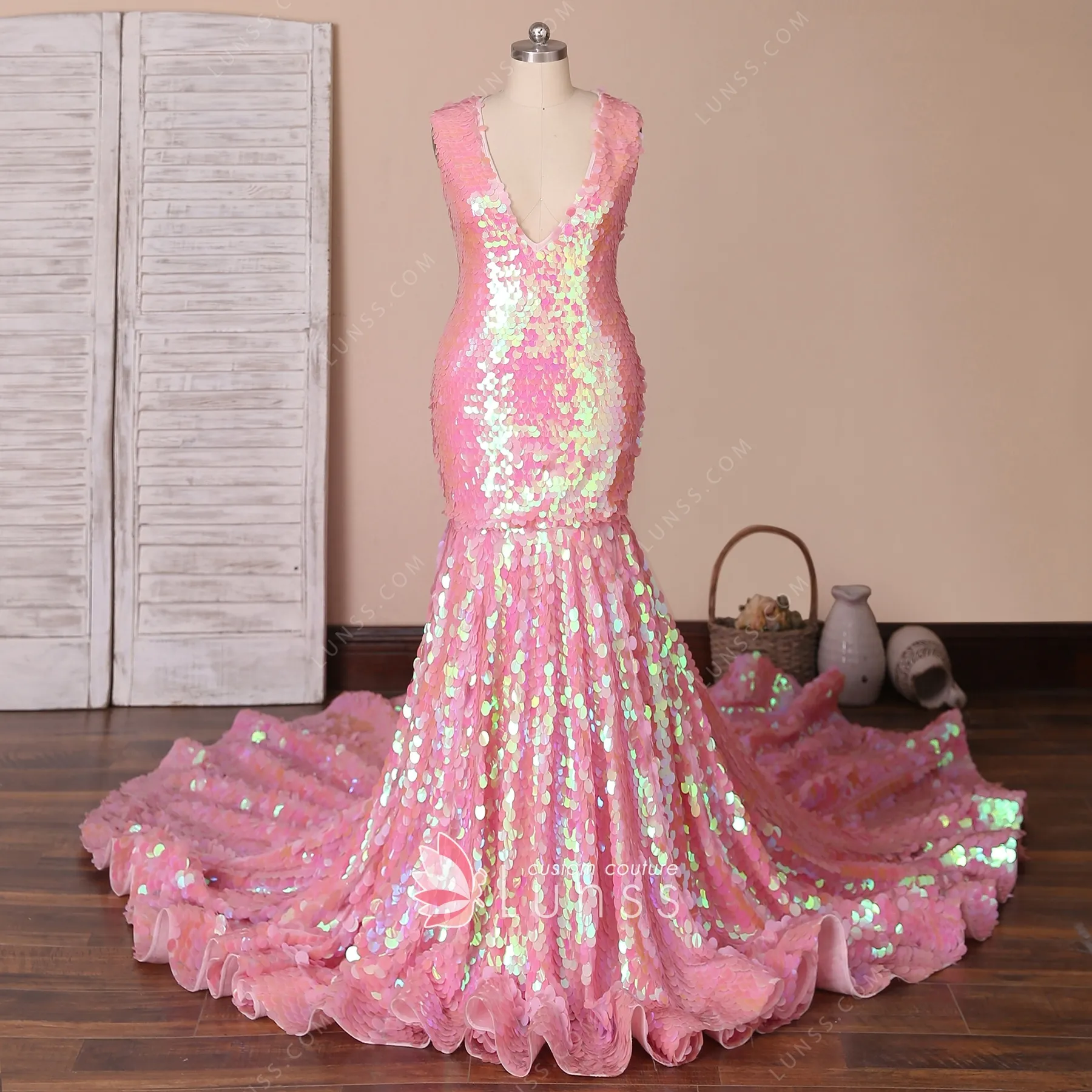 pink sequin evening gown