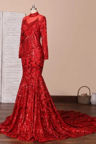 sparkly red sequin mermaid prom dress