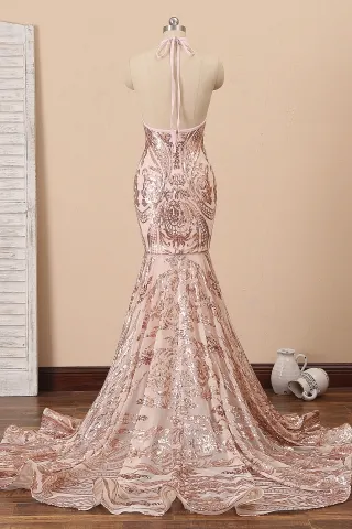 backless rose gold sequin halter strap mermaid prom dress