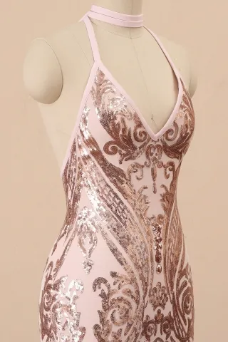 halter V neck rose gold sequin prom dress