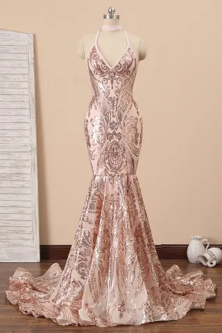 sparkly rose gold sequin backless halter v neck prom gown