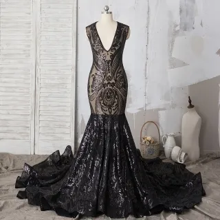 black sequin long train prom gown