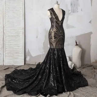 black unique sequin long train prom gown