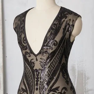 deep V neck cap sleeve unique sequin prom dress