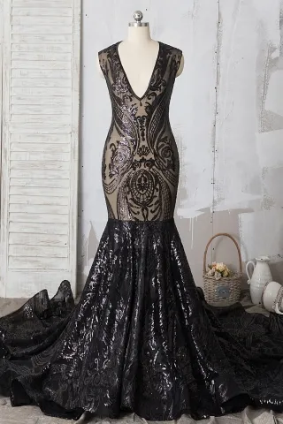 sparkly black unique sequin mermaid long train prom dress