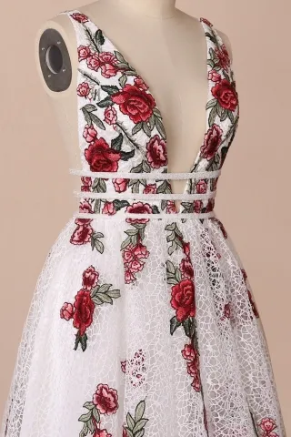 flower appliqued plunging neckline evening prom dress