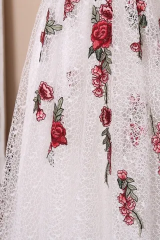 intricate white lace with red flowers appliques dress