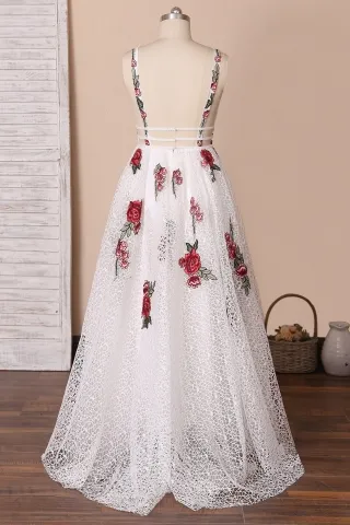 red flower appliqued white lace open back formal dress