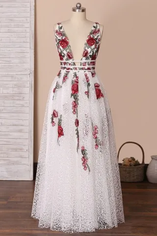 red flower intricate white lace v neck long formal dress