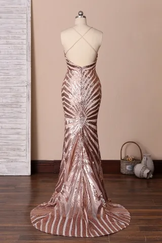 low back rose gold spaider web sequin mermaid prom dress