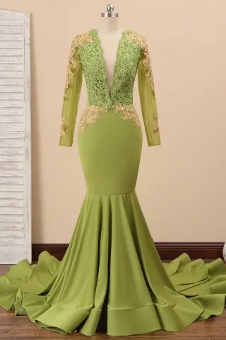 plunging v neck olive lace and jersey mermaid prom dress