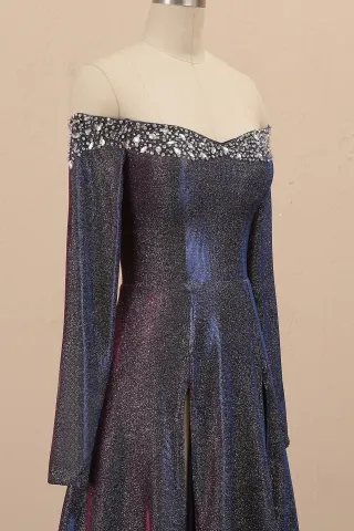 crystals beaded off the shoulder dark purple glitter dress