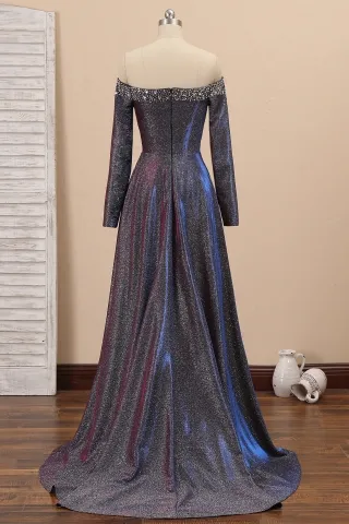 galaxy purple crystal off the shoulder prom dress