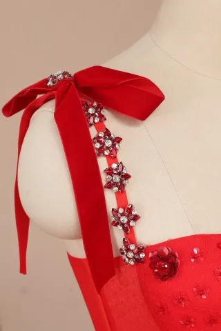 beaded bowknot red diamond prom dress