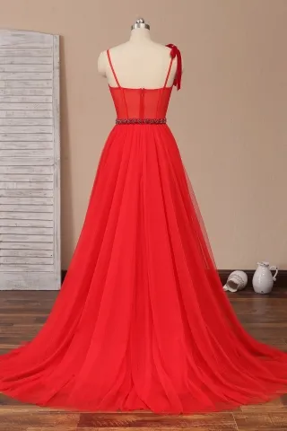 beaded red straps dot tulle prom dress