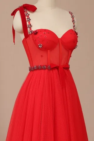 fairy red diamond belt dot tulle prom dress