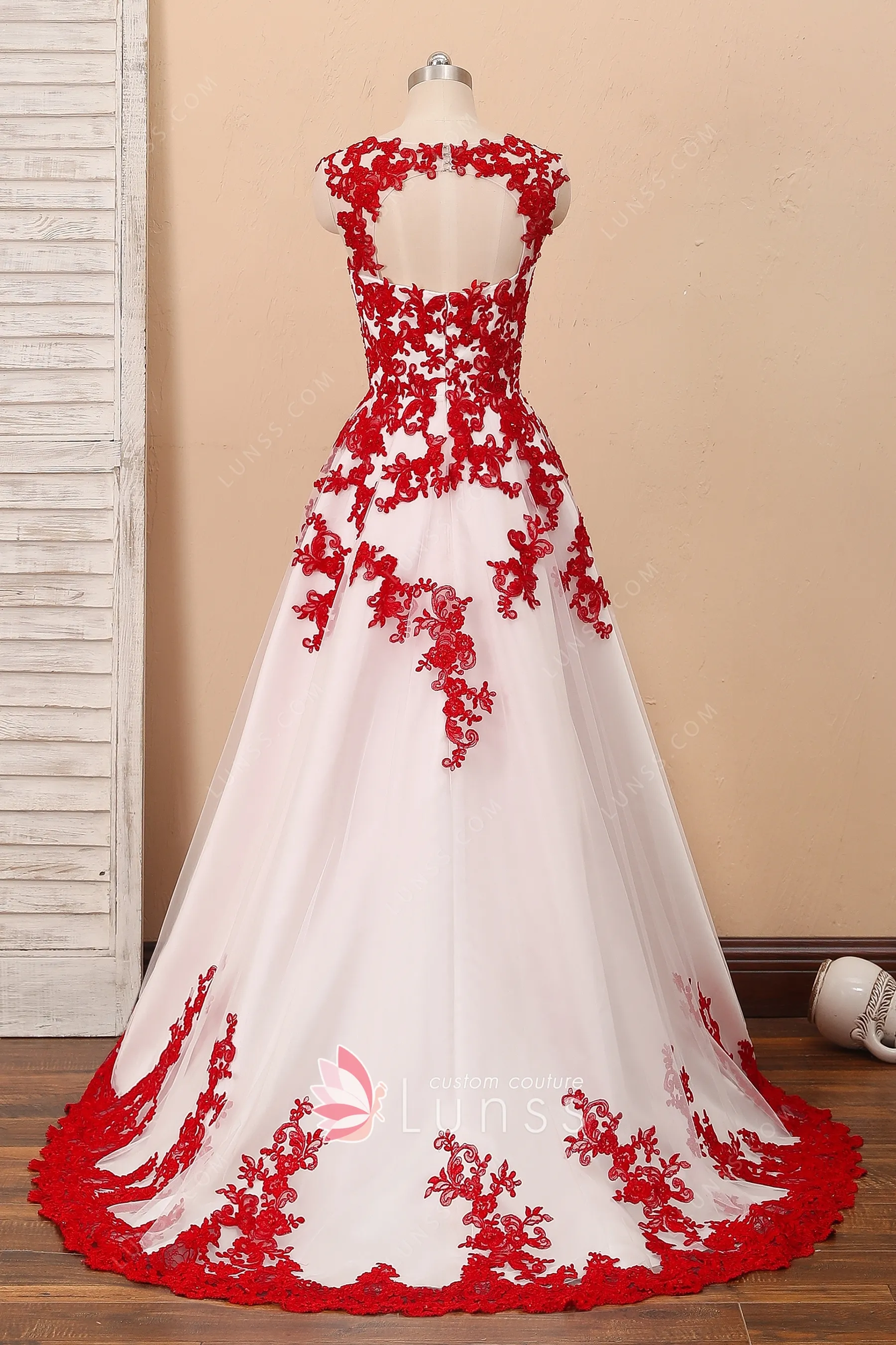 Lunss Red Lace V-Neck Ivory Satin A-Line Long Cute Prom Dress