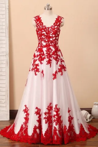 red lace v neck ivory satin a line long cute prom dress