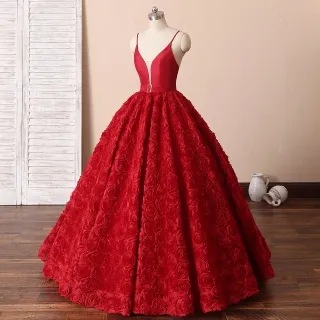 plunging neckline red 3d rose ball gown