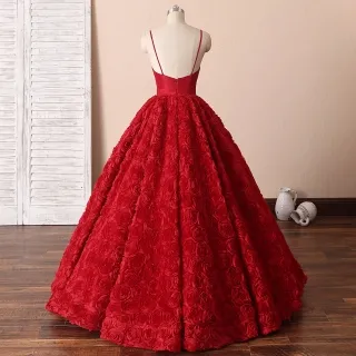 red satin and 3d rosettes low back ball gown