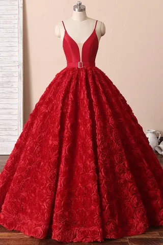 sexy plunging neckline red 3d rose princess ball gown