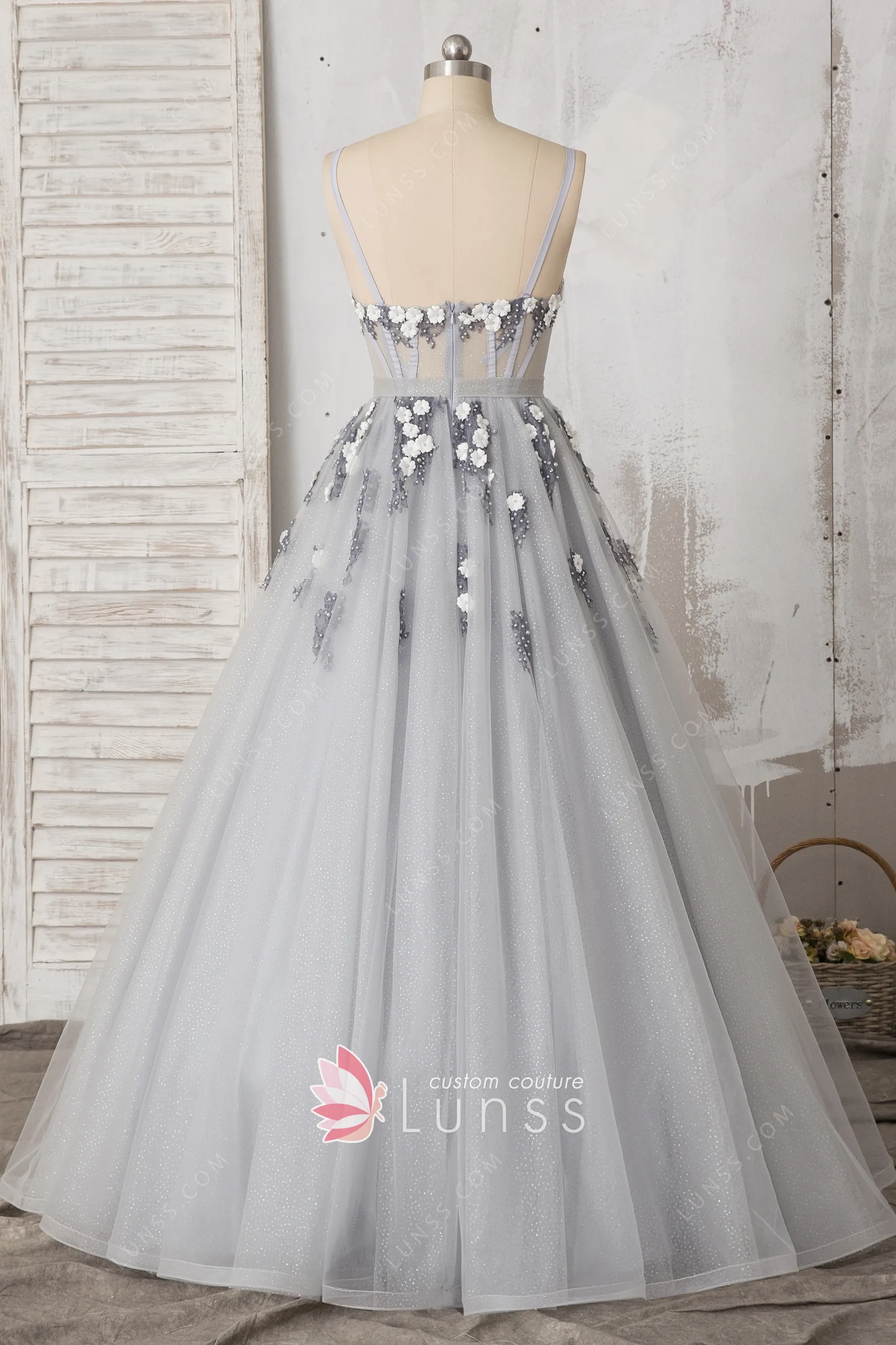 Illusion Corset Silver Glitter Tulle Flower Prom Dress Lunss