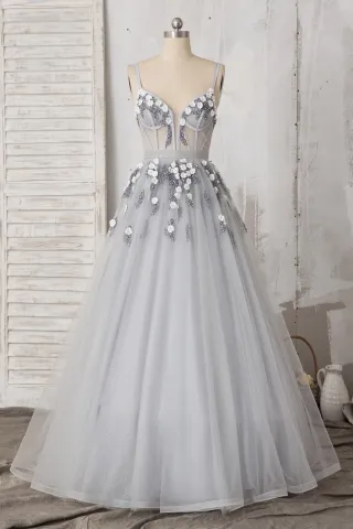 illusion corset silver glitter tulle flower prom dress