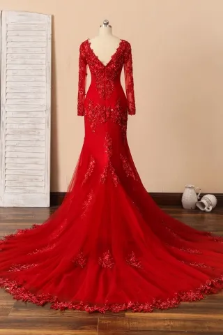 designer red beaded lace V back long formal dress