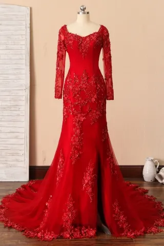 designer red beaded lace long sleeve slit prom dress