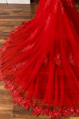 designer red beaded lace long train prom dress