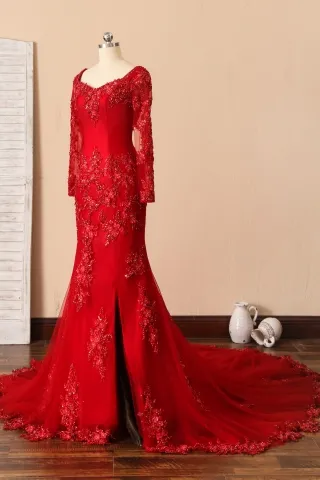 red beaded lace long sleeve prom dress