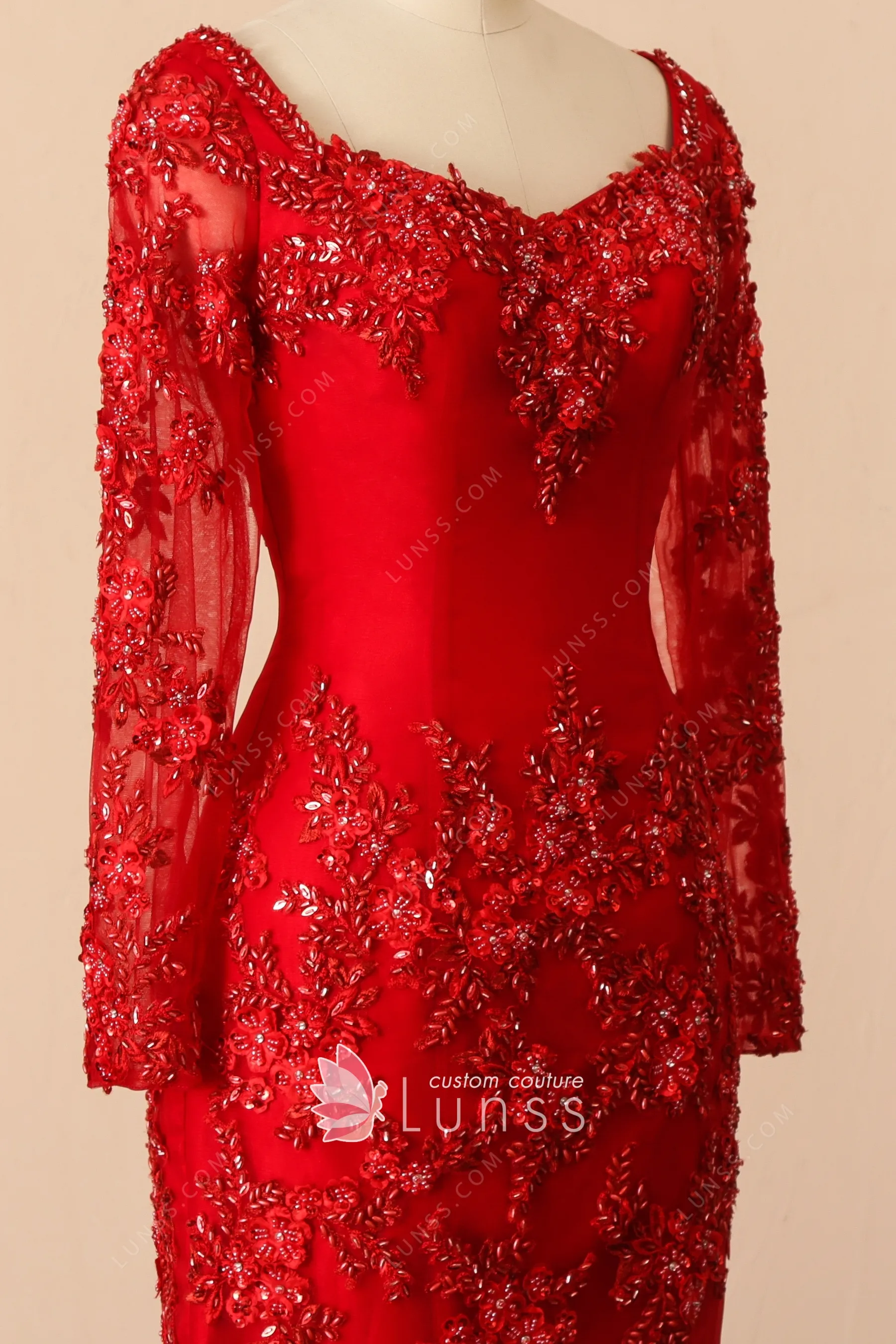 Designer Red Beaded Lace Long Sleeve Slit Prom Dress Lunss
