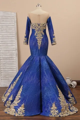 sparkly starry blue satin with lace trumpet prom dress