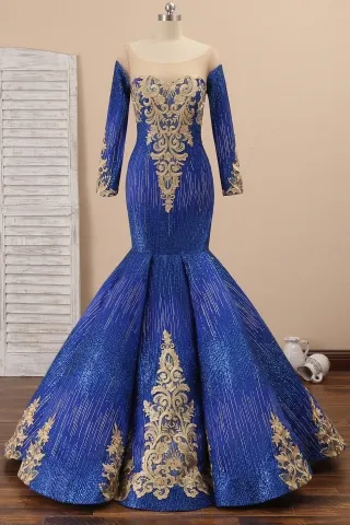 unique gold lace appliqued starry blue trumpet prom dress