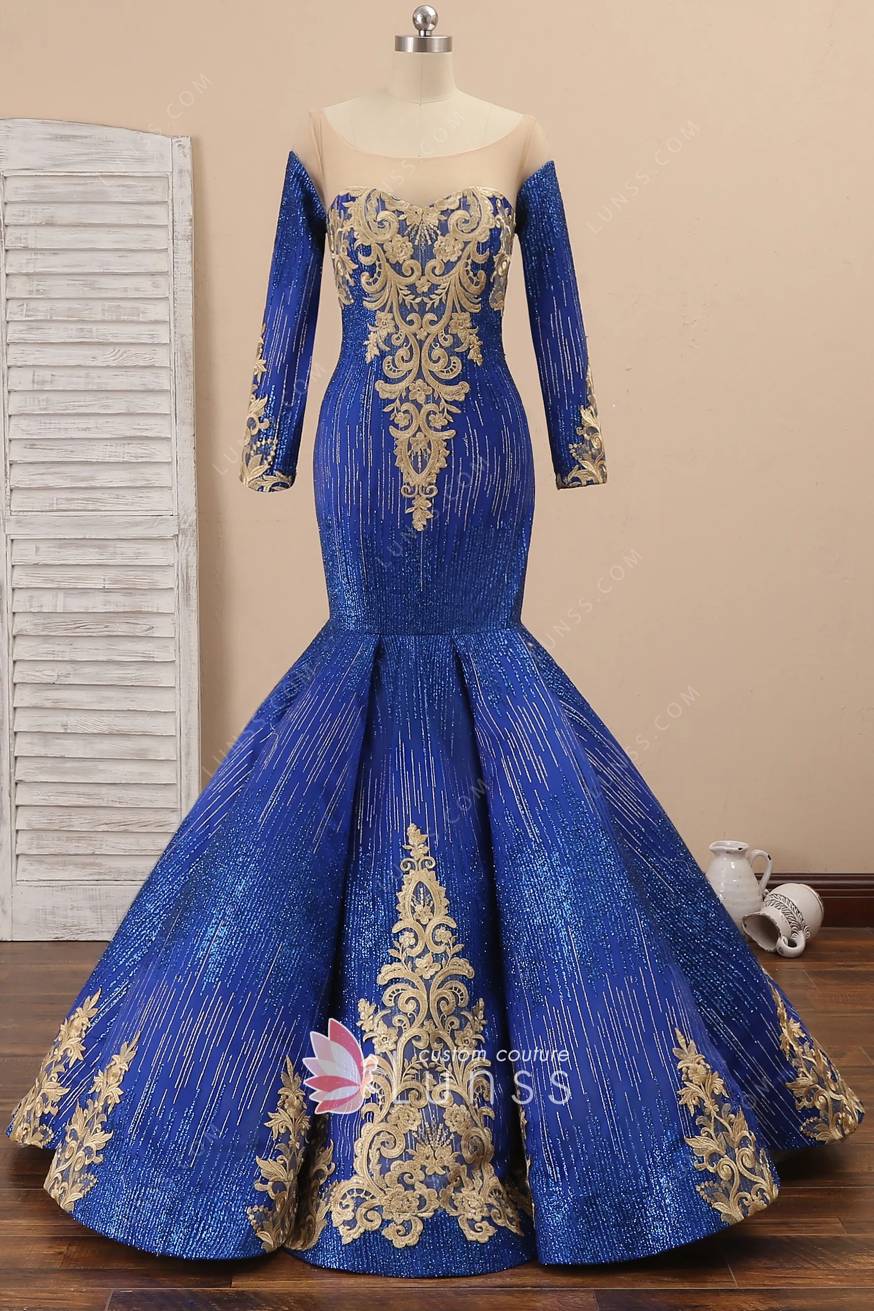 2020 Royal Blue And Gold Applique Halter Top Satin Mermaid Blue Fishtail  Prom Dress With Mermaid Trumpet Design Perfect Evening Wear For Mother Of  The Bride From Lovemydress, $88.94