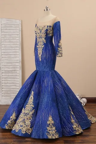 unique gold lace starry blue prom dress
