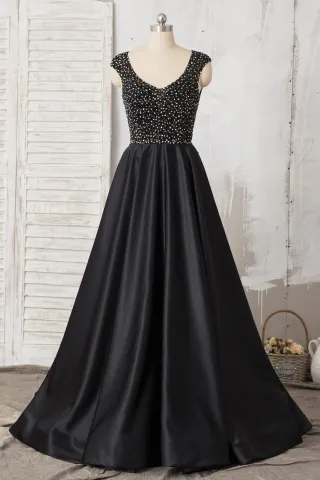 black beaded cap sleeve soft satin a line prom dress