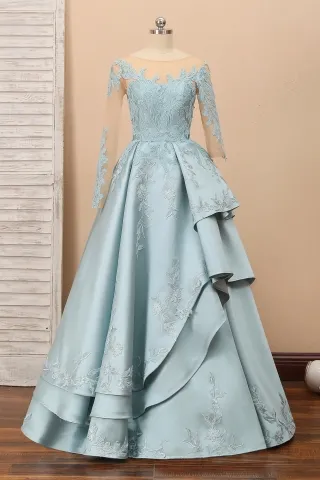 ice blue unique lace and satin layered prom gown