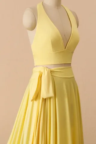 halter V neckline two piece yellow dress